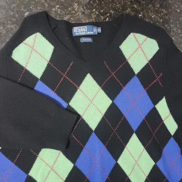 Vintage Polo Ralph Lauren Argyle Diamond 100% Wool Sweater Preppy Casual Mens XL - Picture 1 of 5